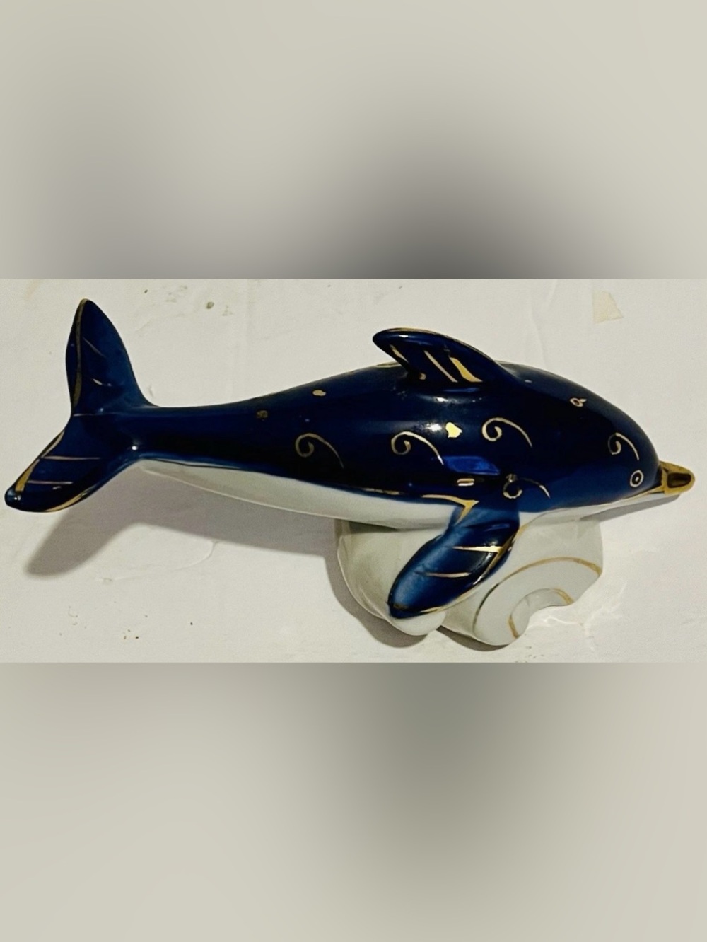 Blue & Gold Porcelain Dolphin Figurine on a Wave Base by JJ Dro